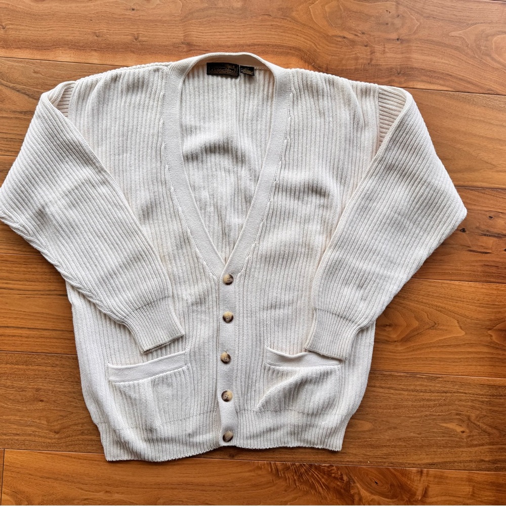 Vintage EDDIE BAUER Men's Cream Cotton Grandpa Cardigan Sweater Size XLT - Comfy